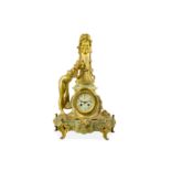 AN EARLY 20TH CENTURY ART NOUVEAU STYLE GILT BRONZE AND ONYX FIGURAL MANTEL CLOCK 'LA SOURCE'