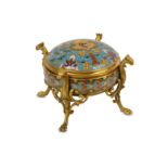 A LATE 19TH CENTURY FRENCH GILT BRONZE AND CHAMPLEVE ENAMEL BOWL AND COVER BY F. BARBEDIENNE or