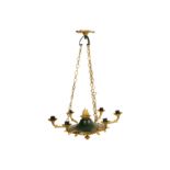AN EARLY 20TH CENTURY REGENCY STYLE GILT BRONZE AND GREEN TOLE WARE COLZA STYLE CHANDELIER the