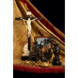 A 17TH CENTURY ITALIAN IVORY AND EBONY CRUCIFIXION SCENE the Corpus Christi figure of Cristo Vivo