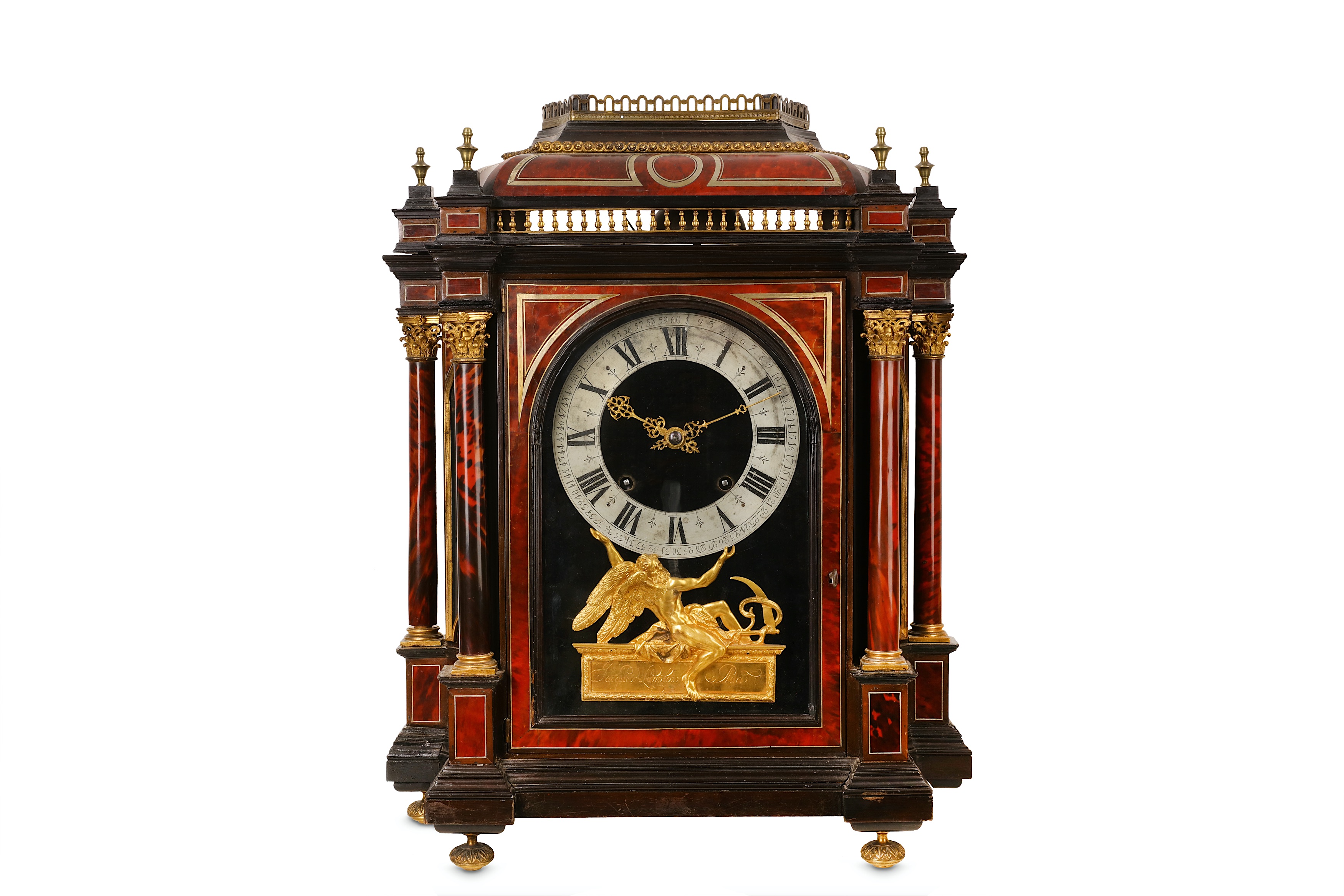 A LATE 17TH CENTURY FRENCH EBONISED, GILT BRONZE MOUNTED AND TORTOISESHELL 'BOULLE' STYLE PENDULE