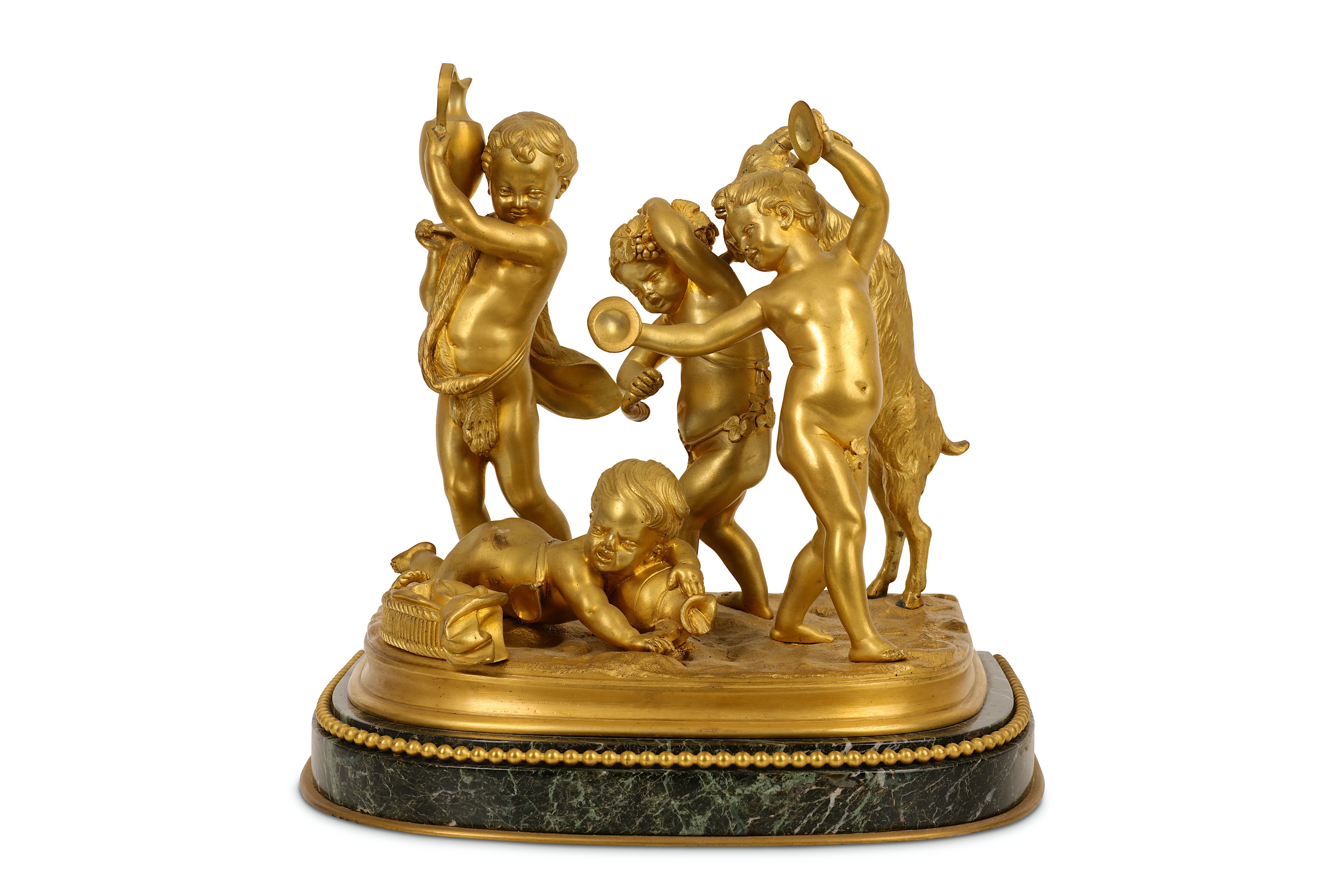 A FINE LATE 19TH CENTURY FRENCH GILT BRONZE FIGURAL GROUP OF PUTTI AND A GOAT SIGNED 'SEVRES' with