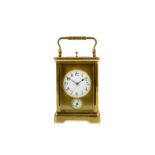 A LATE 19TH CENTURY FRENCH LACQUERED BRASS CARRIAGE CLOCK WITH ALARM AND PUSH REPEAT the typical