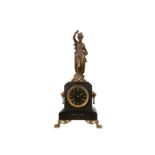 A LATE 19TH CENTURY FRENCH BLACK MARBLE, GILT BRONZE MOUNTED AND SPELTER FIGURAL MYSTERY CLOCK