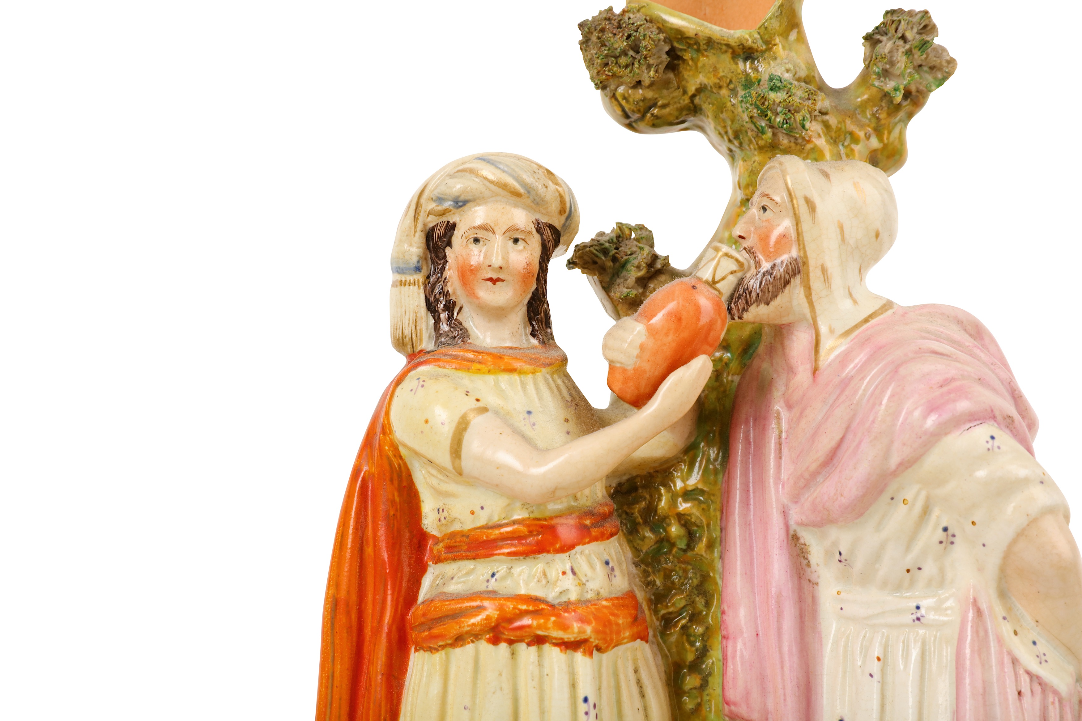 A 19TH CENTURY ENGLISH STAFFORDSHIRE POTTERY FIGURE OF REBECCA AND ELIEZER AT THE WELL, MADE FOR THE - Image 6 of 6