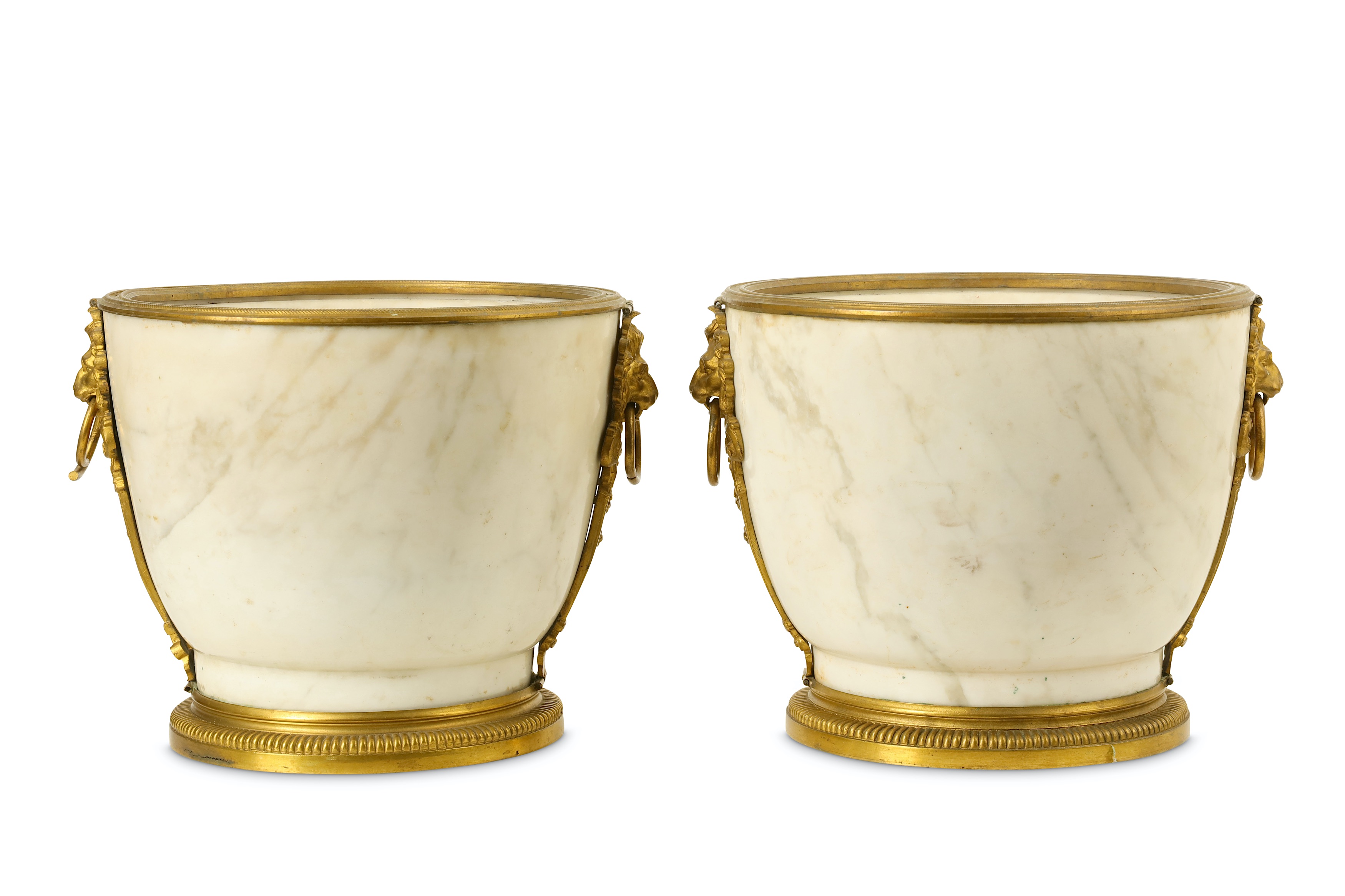 A PAIR OF 19TH CENTURY FRENCH REGENCE STYLE MARBLE AND GILT BRONZE MOUNTED JARDINIERES the white and - Image 2 of 3