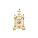 A SMALL LATE 19TH CENTURY FRENCH WHITE MARBLE AND GILT BRONZE MANTEL CLOCK  of portico form,