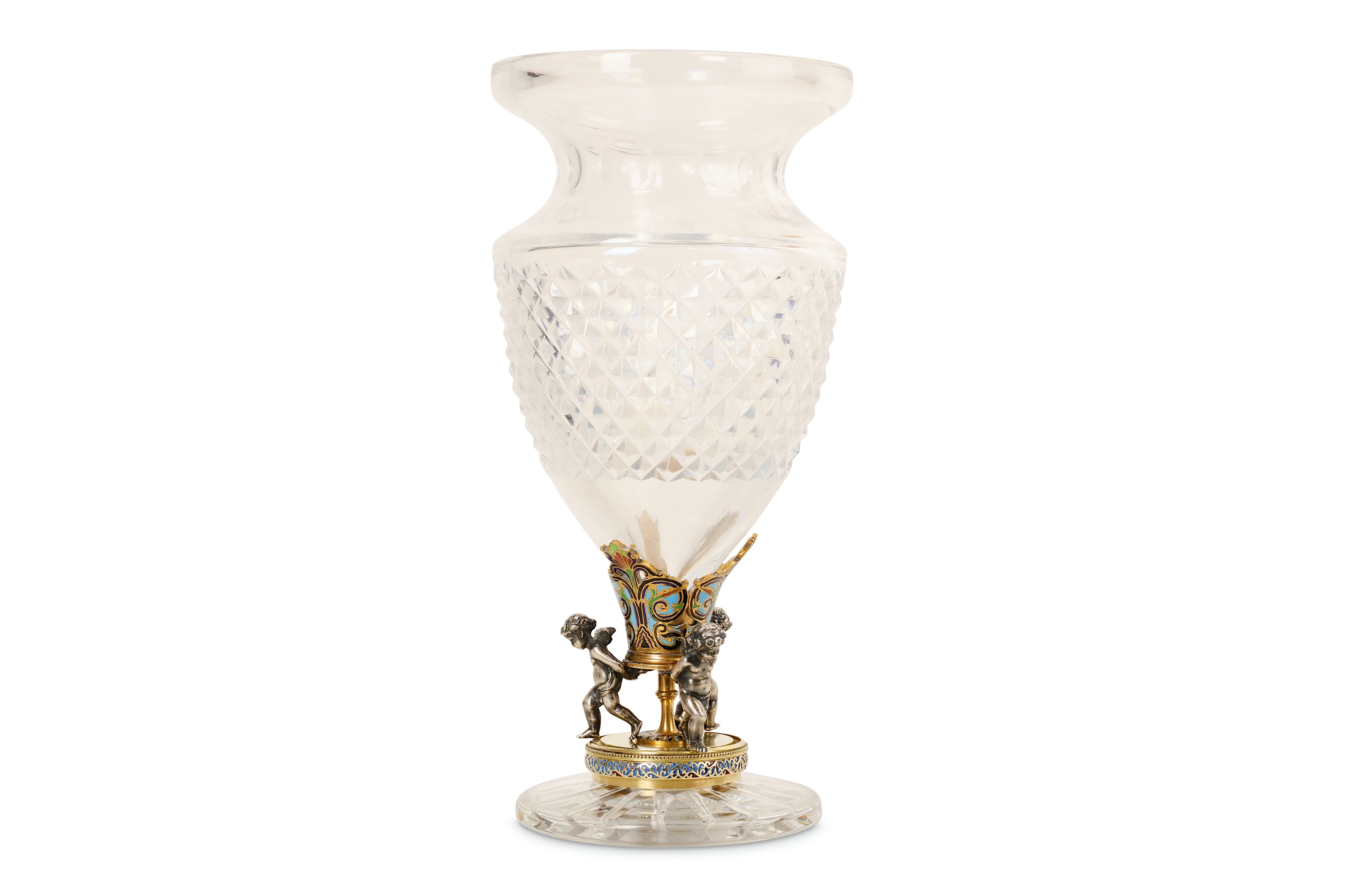 AN EARLY 20TH CENTURY FRENCH BACCARAT STYLE GILT, SILVERED AND CHAMPLEVE MOUNTED GLASS VASE the vase - Image 2 of 4