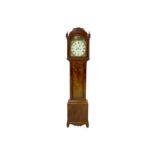 AN EARLY 19TH CENTURY MAHOGANY LONGCASE CLOCK OF SMALL SIZE the hood with scrolling pediment flanked