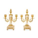 A SMALL PAIR OF LATE 19TH CENTURY FRENCH GILT BRONZE AND WHITE MARBLE CANDELABRA in the Louis XVI