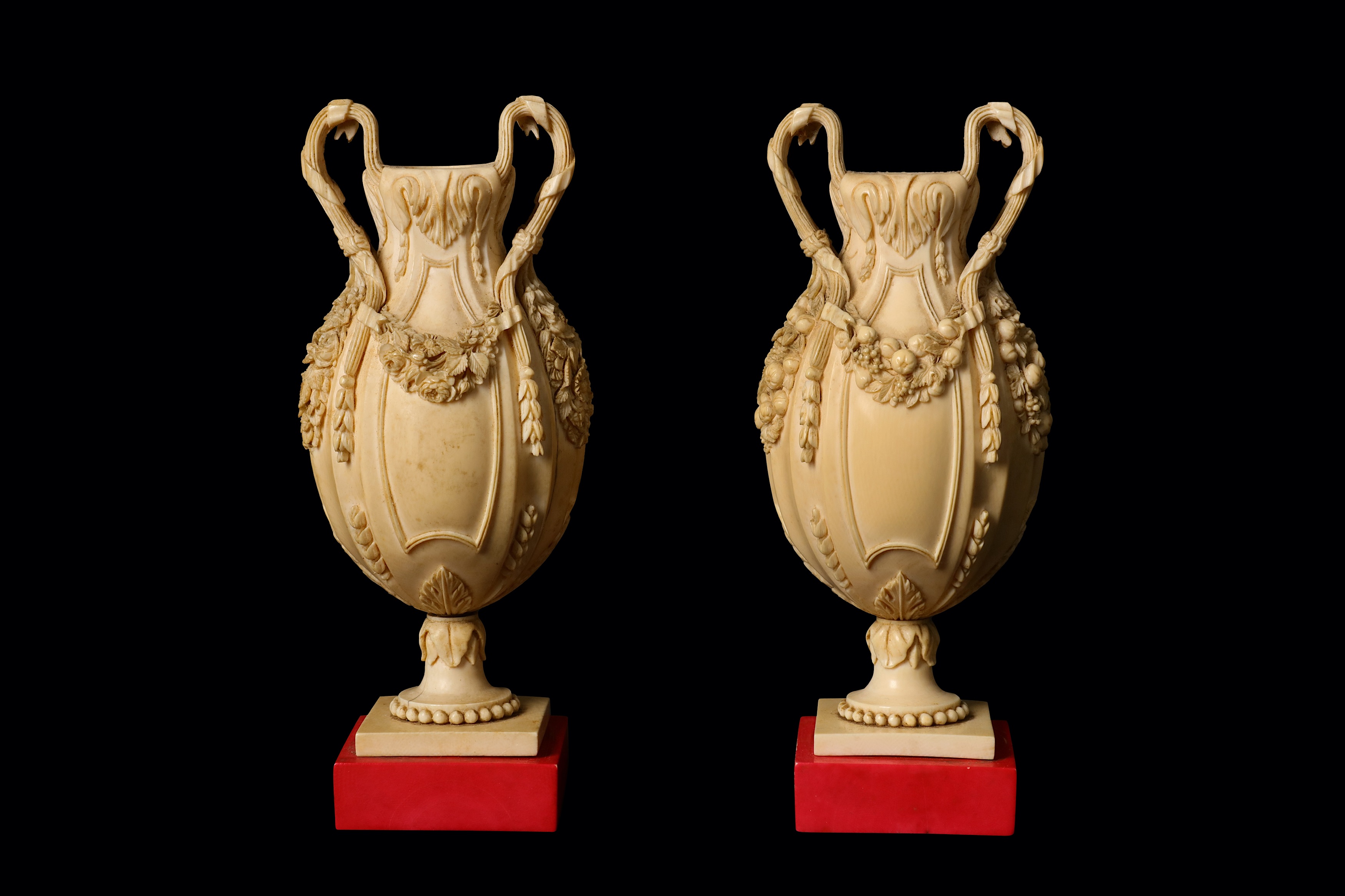 A FINE PAIR OF 19TH CENTURY DIEPPE IVORY VASES the baluster vases on circular feet over square - Image 2 of 8