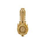 A LATE 19TH / EARLY 20TH CENTURY DANISH CARVED, PAINTED AND PARCEL GILT WOOD WALL BAROMETER in the