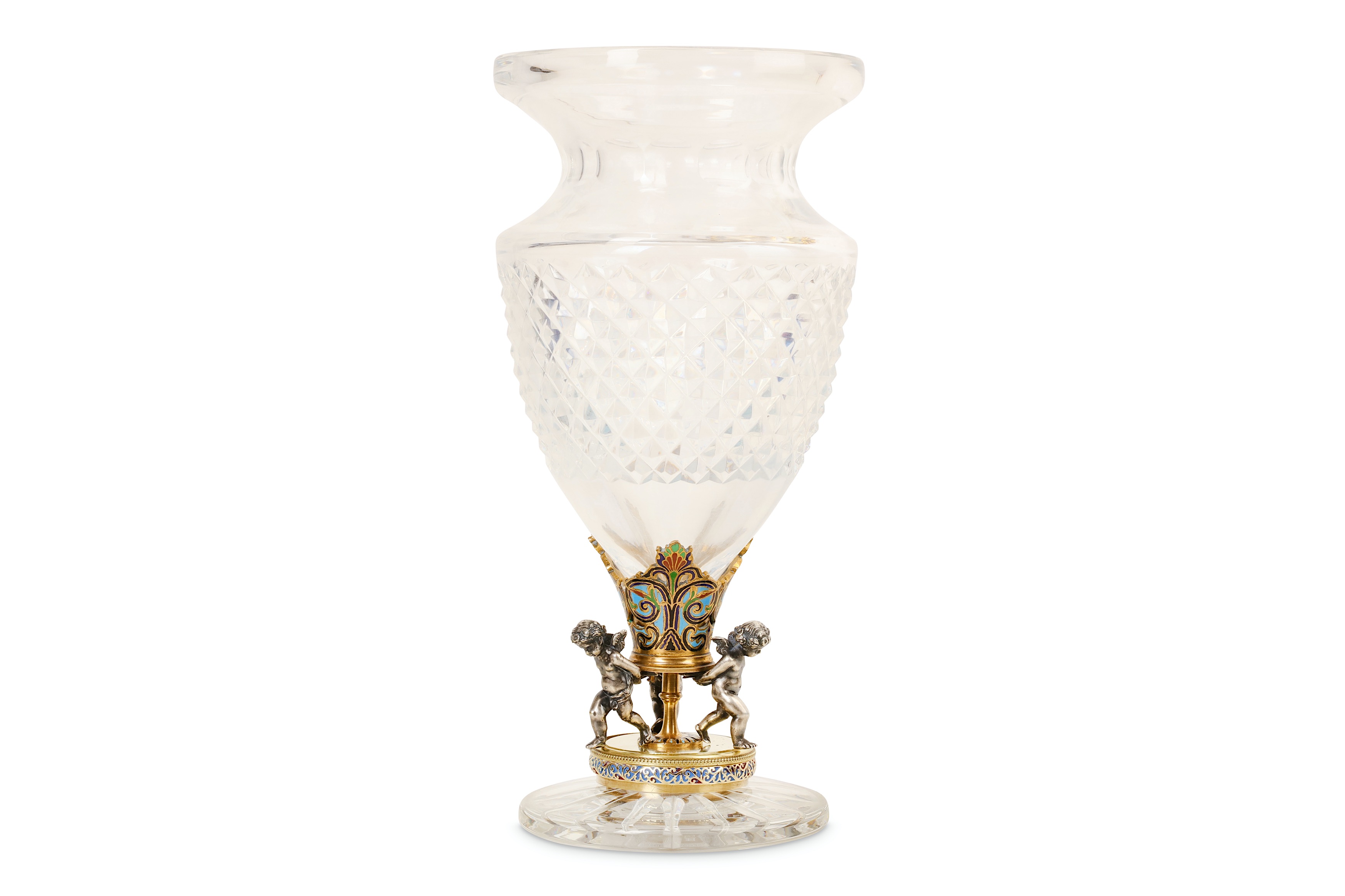 AN EARLY 20TH CENTURY FRENCH BACCARAT STYLE GILT, SILVERED AND CHAMPLEVE MOUNTED GLASS VASE the vase - Image 3 of 4