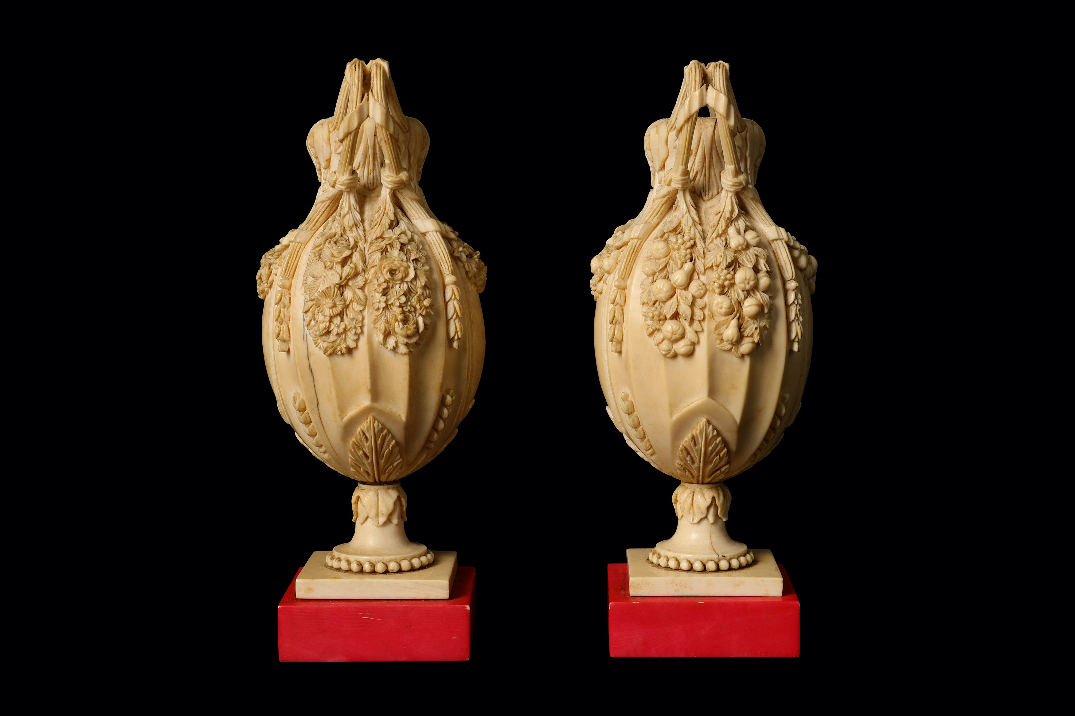 A FINE PAIR OF 19TH CENTURY DIEPPE IVORY VASES the baluster vases on circular feet over square - Image 5 of 8