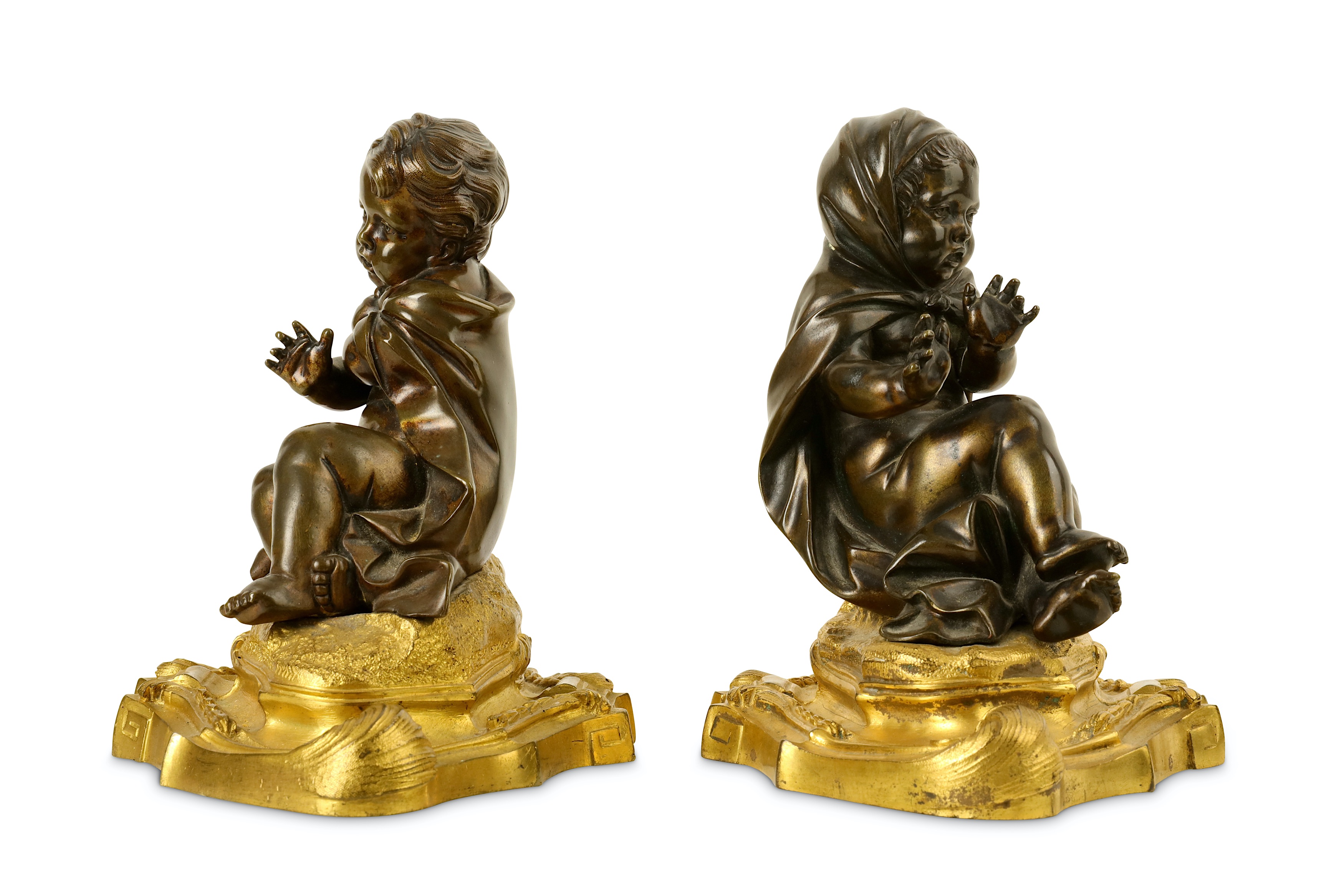 A PAIR OF LATE 18TH / EARLY 19TH CENTURY FRENCH BRONZE ALLEGORICAL FIGURES OF PUTTI REPRESENTING - Image 5 of 5