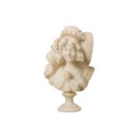 A LATE 19TH CENTURY ITALIAN CARVED ALABASTER BUST OF A LAUGHING GIRL wearing a plumed hat and a