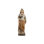 A LATE 19TH CENTURY CARVED AND PAINTED WOOD FIGURE OF ST AGNES WITH A LAMB the standing figure
