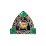 AN ART DECO PERIOD MARQUISITE, LACQUERED BRASS AND GLASS STRUT CLOCK of triangular form, each