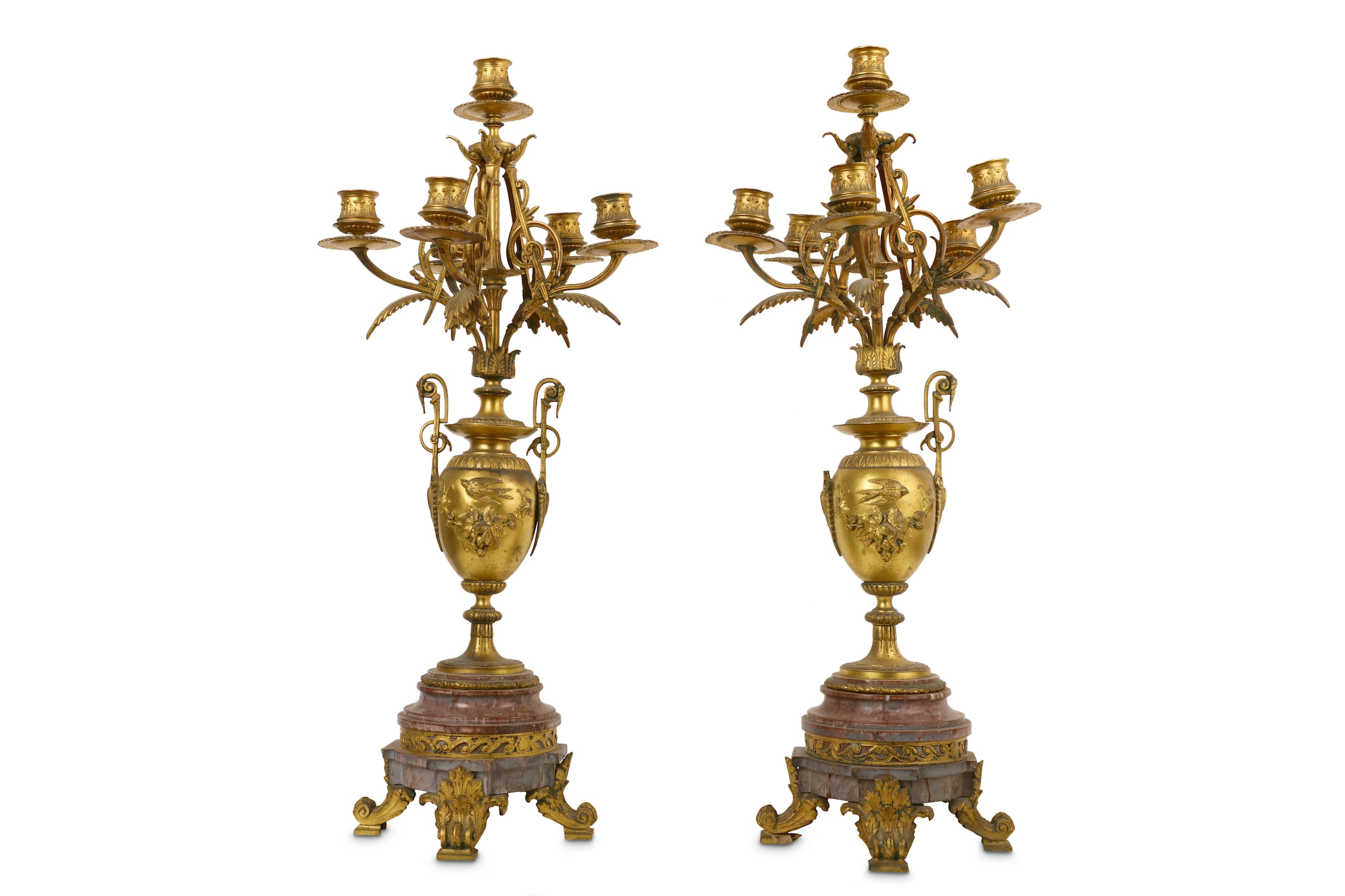 A PAIR OF LATE 19TH CENTURY FRENCH GILT METAL AND BRECCIA MARBLE CANDELABRA in the Neo-Grec style, - Image 4 of 7