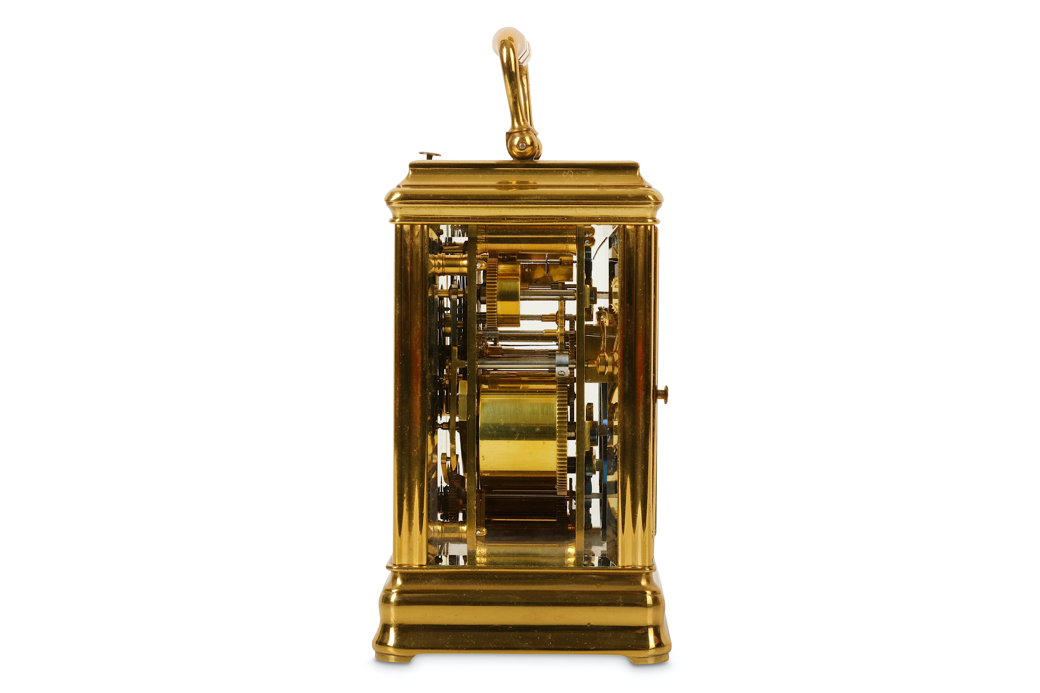 A LATE 19TH CENTURY FRENCH LACQUERED BRASS CARRIAGE CLOCK WITH ALARM AND REPEAT  the gorge case with - Image 4 of 5
