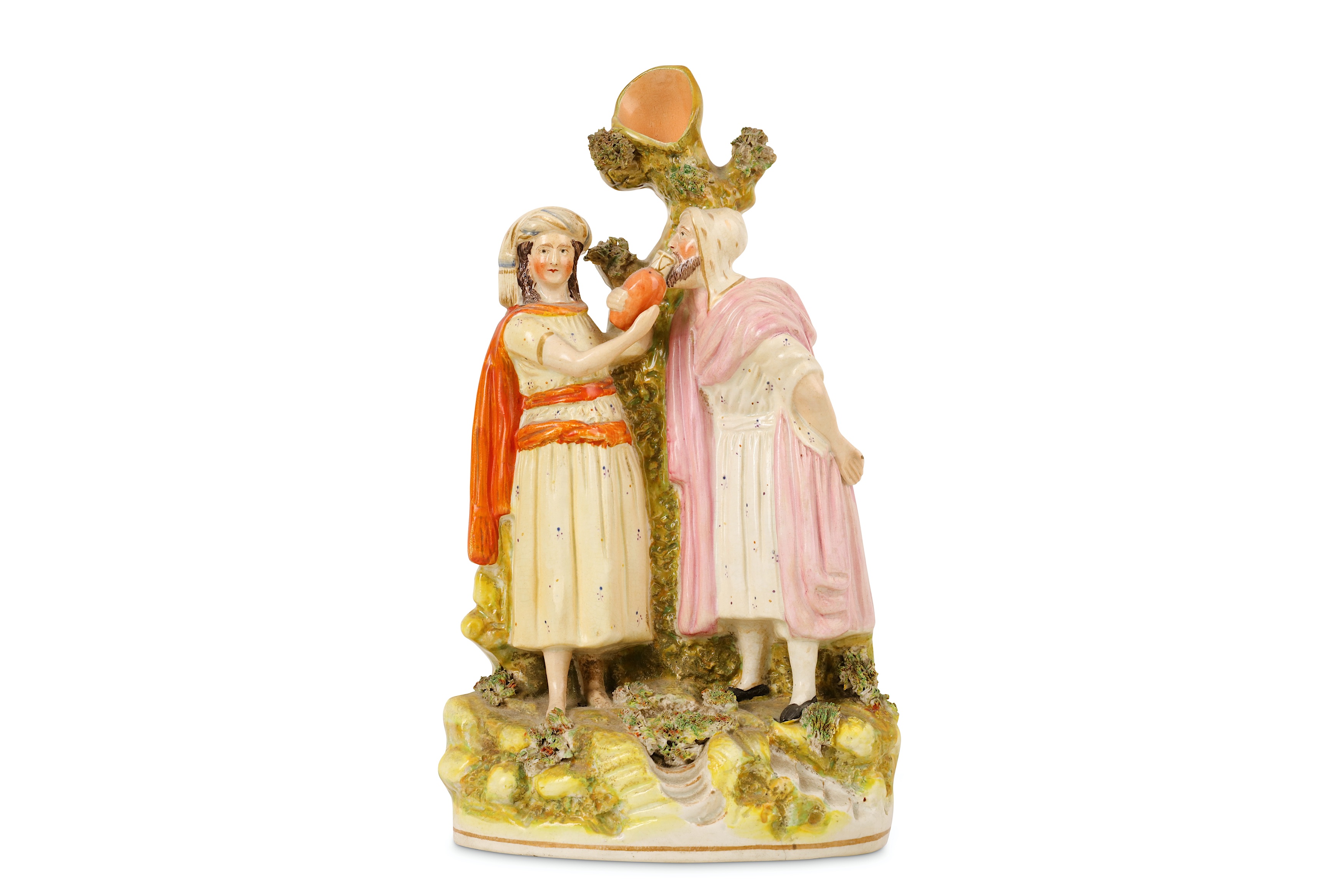 A 19TH CENTURY ENGLISH STAFFORDSHIRE POTTERY FIGURE OF REBECCA AND ELIEZER AT THE WELL, MADE FOR THE