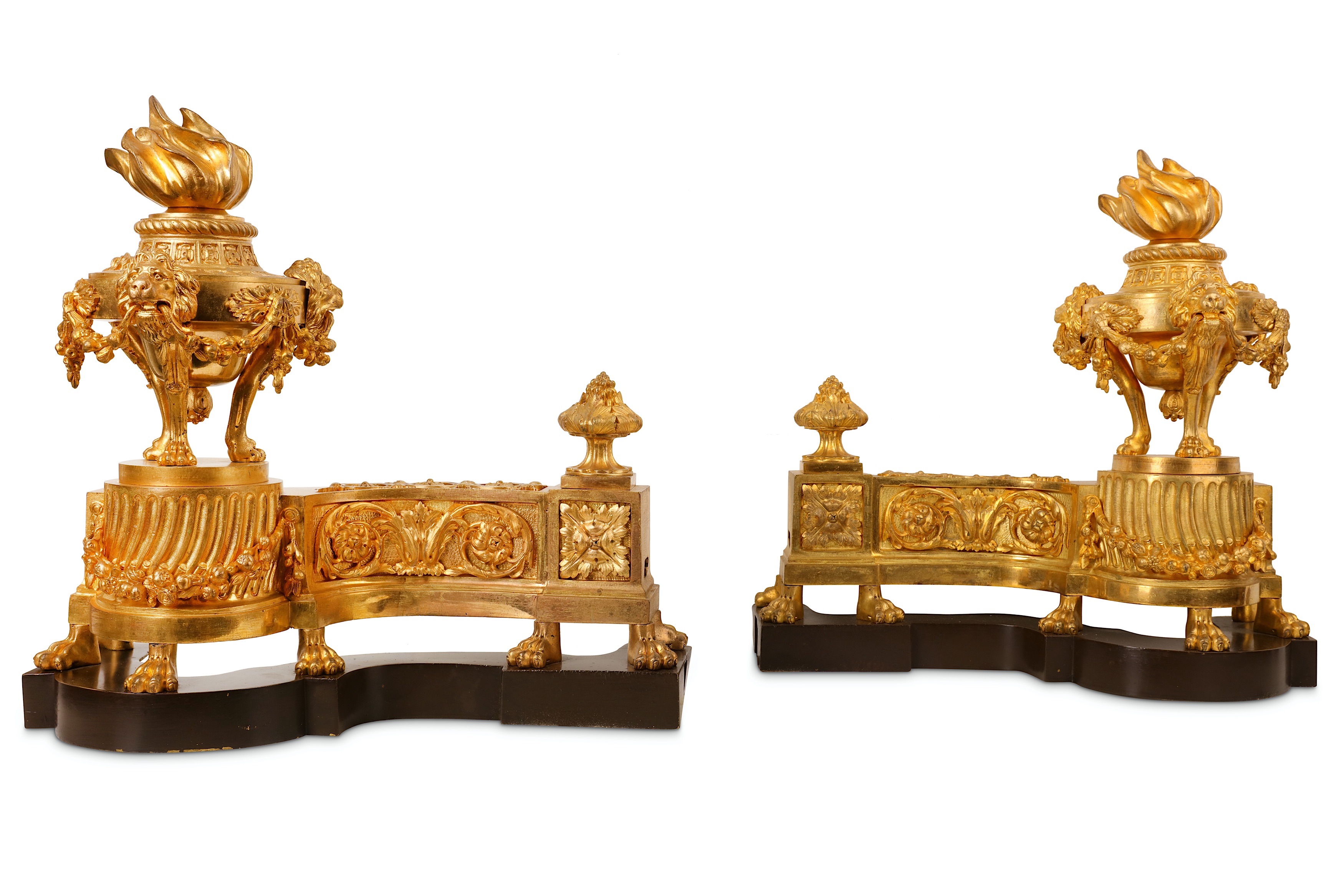 A PAIR OF LATE 19TH CENTURY FRENCH LOUIS XVI STYLE GILT BRONZE CHENETS the main supports cast as