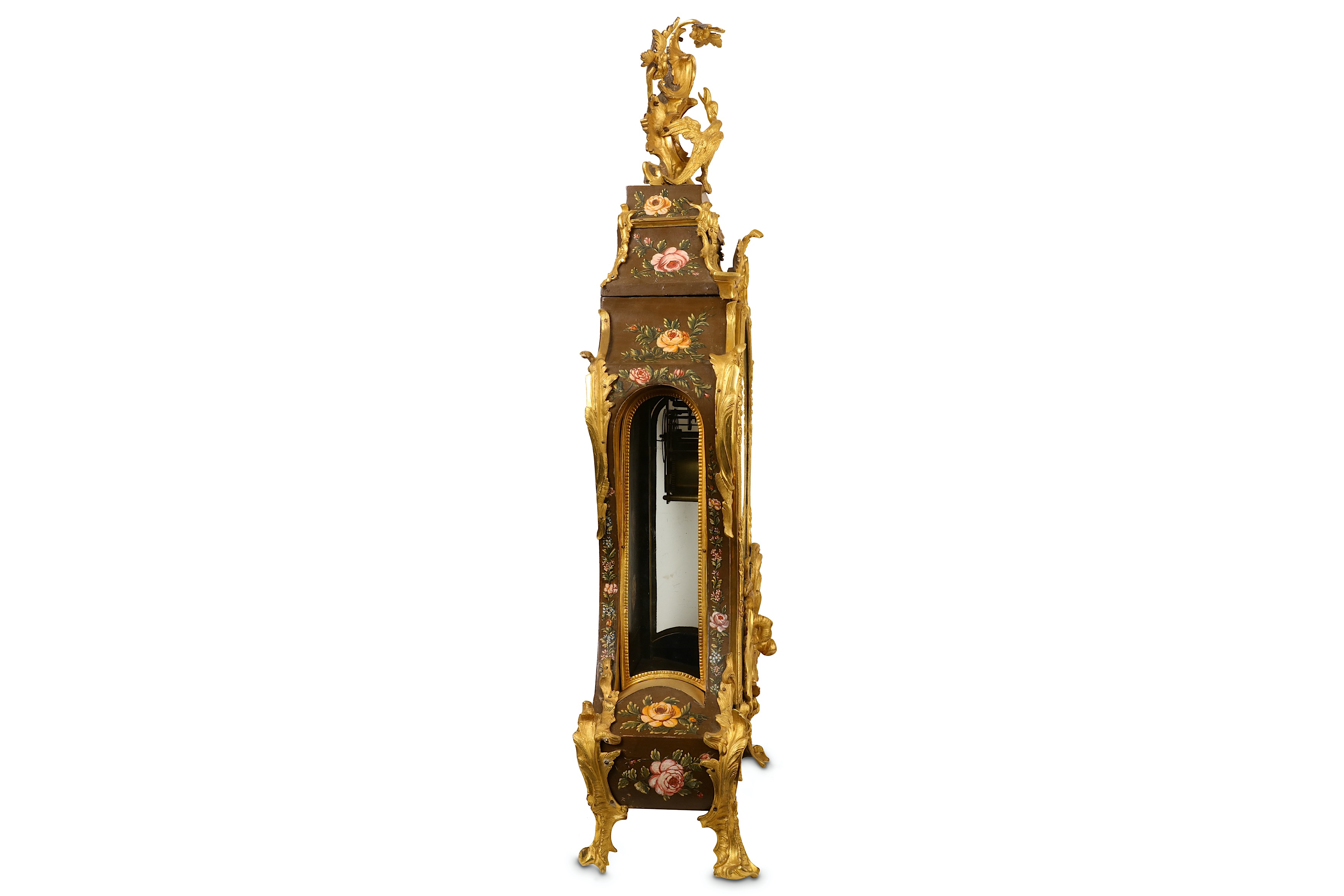 A LARGE 18TH CENTURY FRENCH LOUIS XV PERIOD PAINTED AND GILT BRONZE MOUNTED BRACKET CLOCK SIGNED - Image 2 of 7