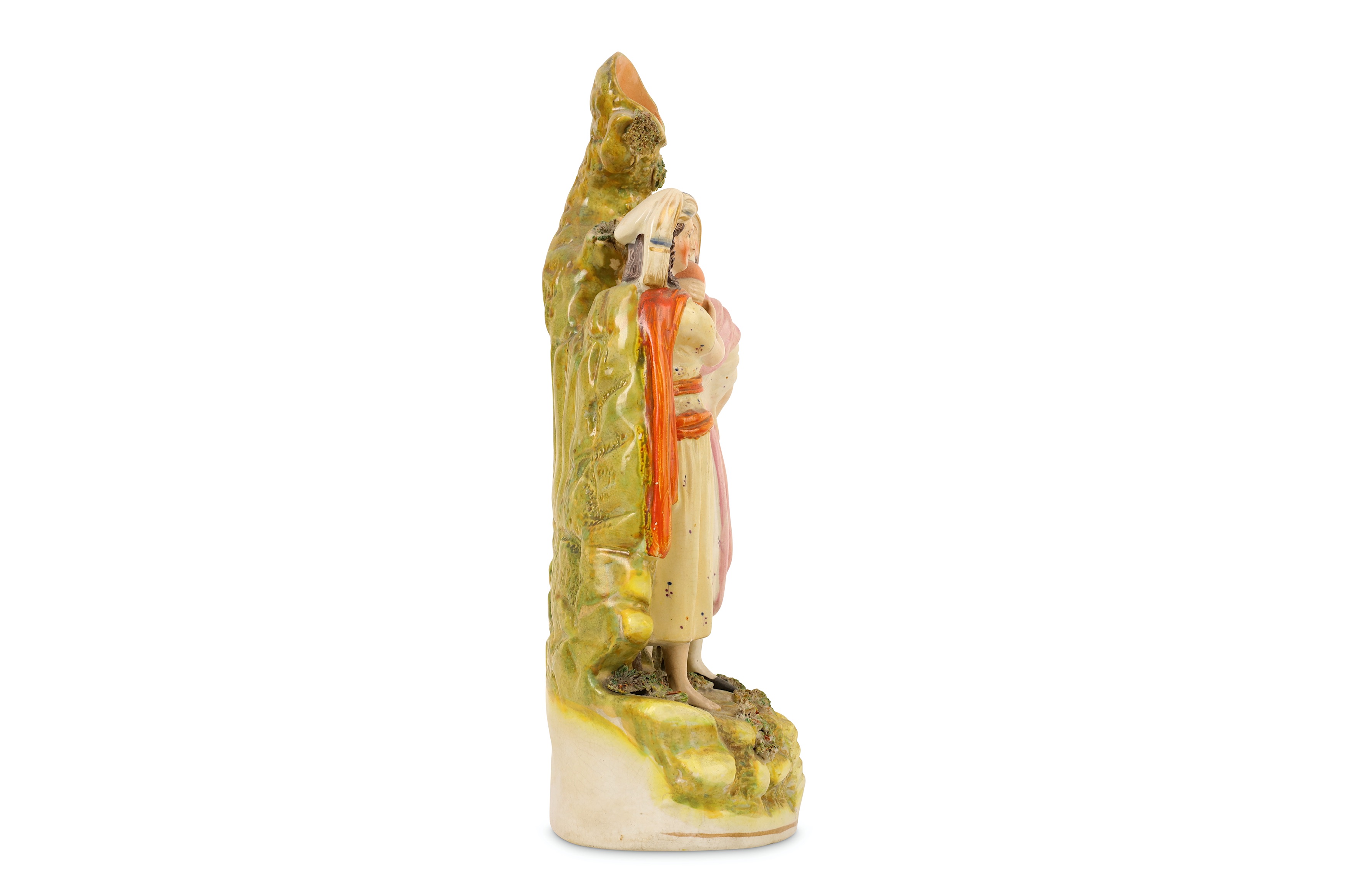 A 19TH CENTURY ENGLISH STAFFORDSHIRE POTTERY FIGURE OF REBECCA AND ELIEZER AT THE WELL, MADE FOR THE - Image 2 of 6