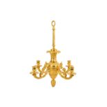 A SMALL EARLY 20TH CENTURY FRENCH  EMPIRE STYLE GILT BRONZE CHANDELIER the central stem with