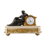 A FINE SECOND QUARTER 19TH CENTURY FRENCH BRONZE AND MARBLE FIGURAL MANTEL CLOCK 'L'EMPLOI DU TEMPS'