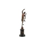 AFTER GIAMBOLOGNA (ITALIAN, 1529-1608): A 19TH CENTURY BRONZE FIGURE OF MERCURY leaping on a gust of