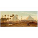 FREDERICK GOODALL RA (BRITISH 1822– 1904) A view of the pyramids with an oasis and an Arab village