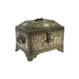 AN ENGRAVED AND PIERCED BRASS CASKET