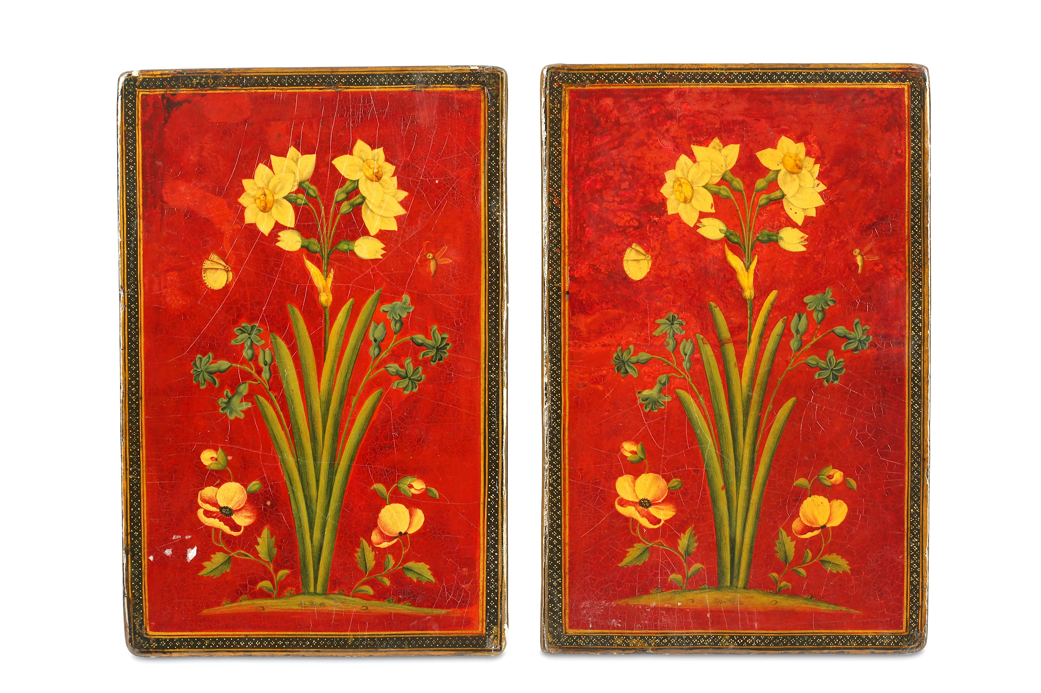 *A MATCHING PAIR OF QAJAR LACQUERED PAPIER-MÂCHÉ FIGURAL BOOKCOVERS - Image 2 of 8