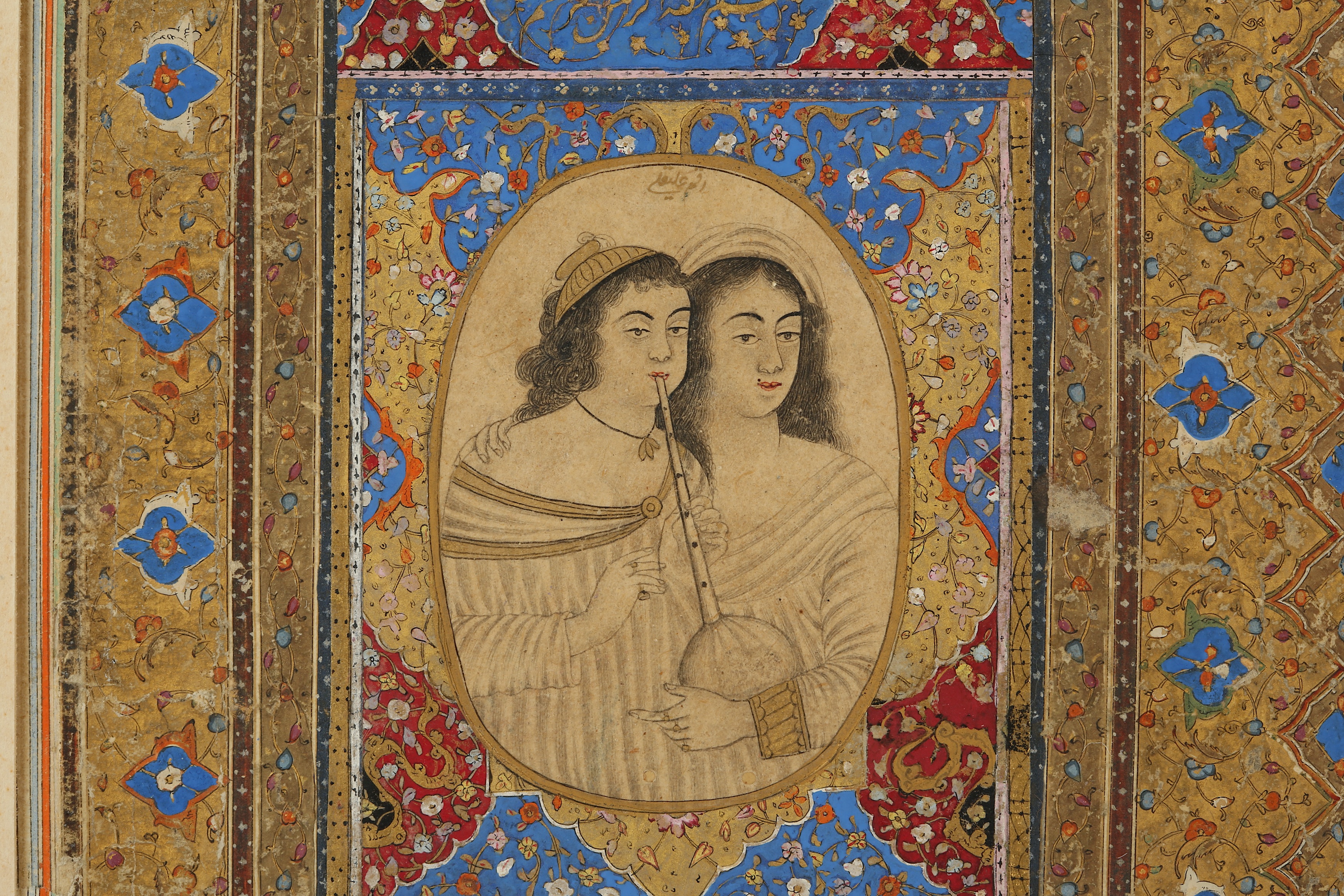 *A QAJAR MURAQQA' PAGE: TWO LADIES WITH A BAGPIPE - Image 3 of 7