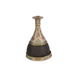 *A QAJAR POLYCHROME-ENAMELLED COPPER AND LEATHER QALYAN BOTTLE WITH MATCHING BASE