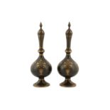 *A PAIR OF QAJAR GOLD-DAMASCENED STEEL BOTTLES