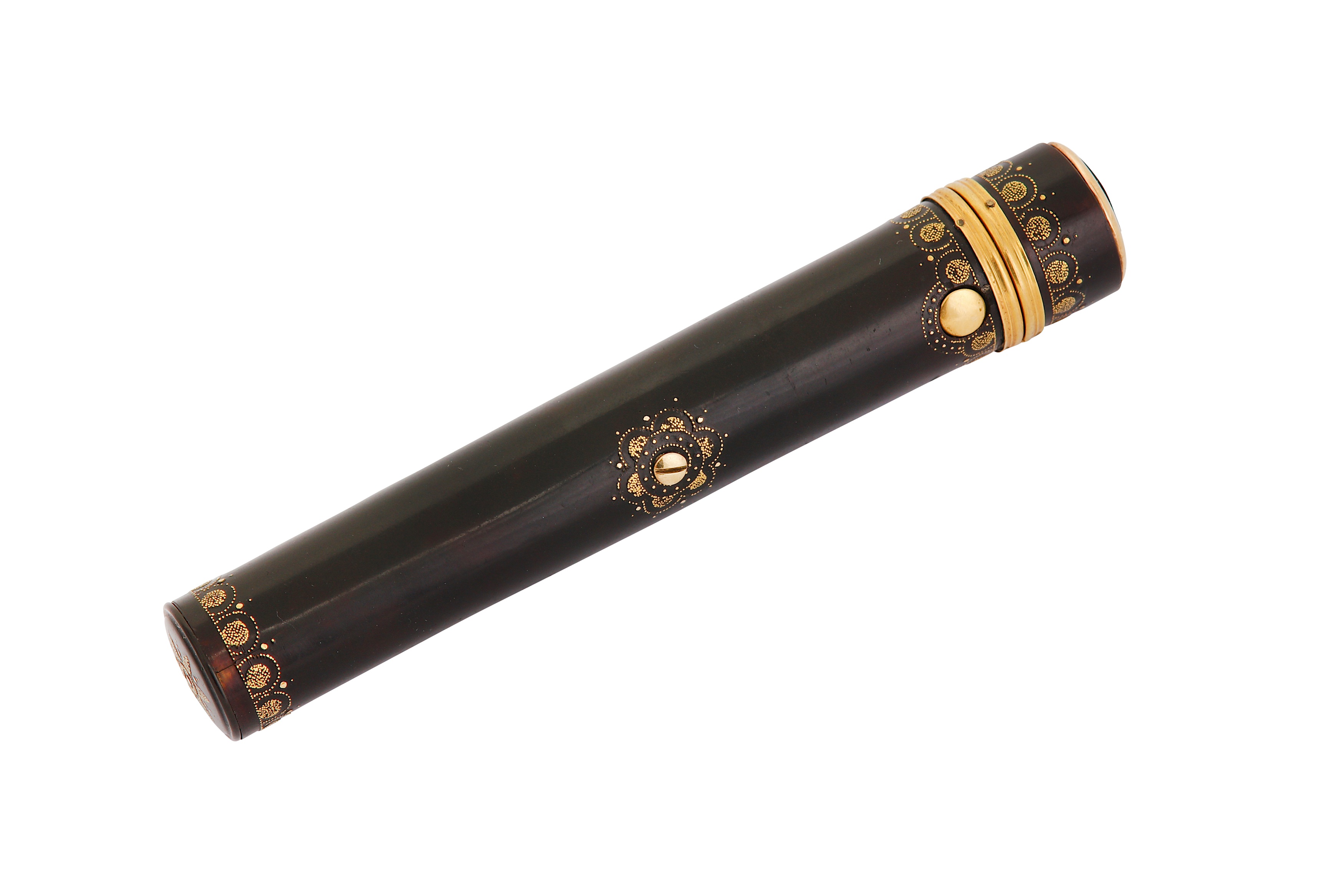 A mid to late 18th century French tortoiseshell and gold pique needle / sealing wax case, circa