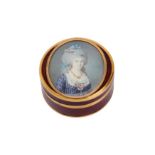 An unusual late 18th century French or Swiss gold mounted lacquer snuff box, circa 1793