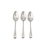 A set of three George II sterling silver dessert spoons, London 1740/41 by Issac Callard