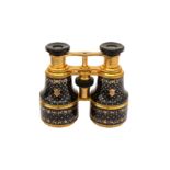A cased pair of mid to late 19th century gold inlaid pique work tortoiseshell opera glass, circa