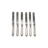 A set of six Alexander III Russian 84 Zolotnik (875 standard) silver handled table knives, Moscow