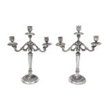 A mid-20th century pair of Italian 800 standard silver three light candelabra, Vercilli 1944-68 by