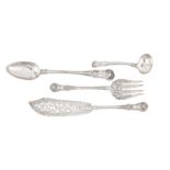 A mixed group of flatware including a William IV basting spoon, London 1830 by William Chawner