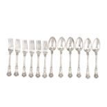 A Victorian set of six sterling silver table spoons and table forks, London 1847 by James Whiting