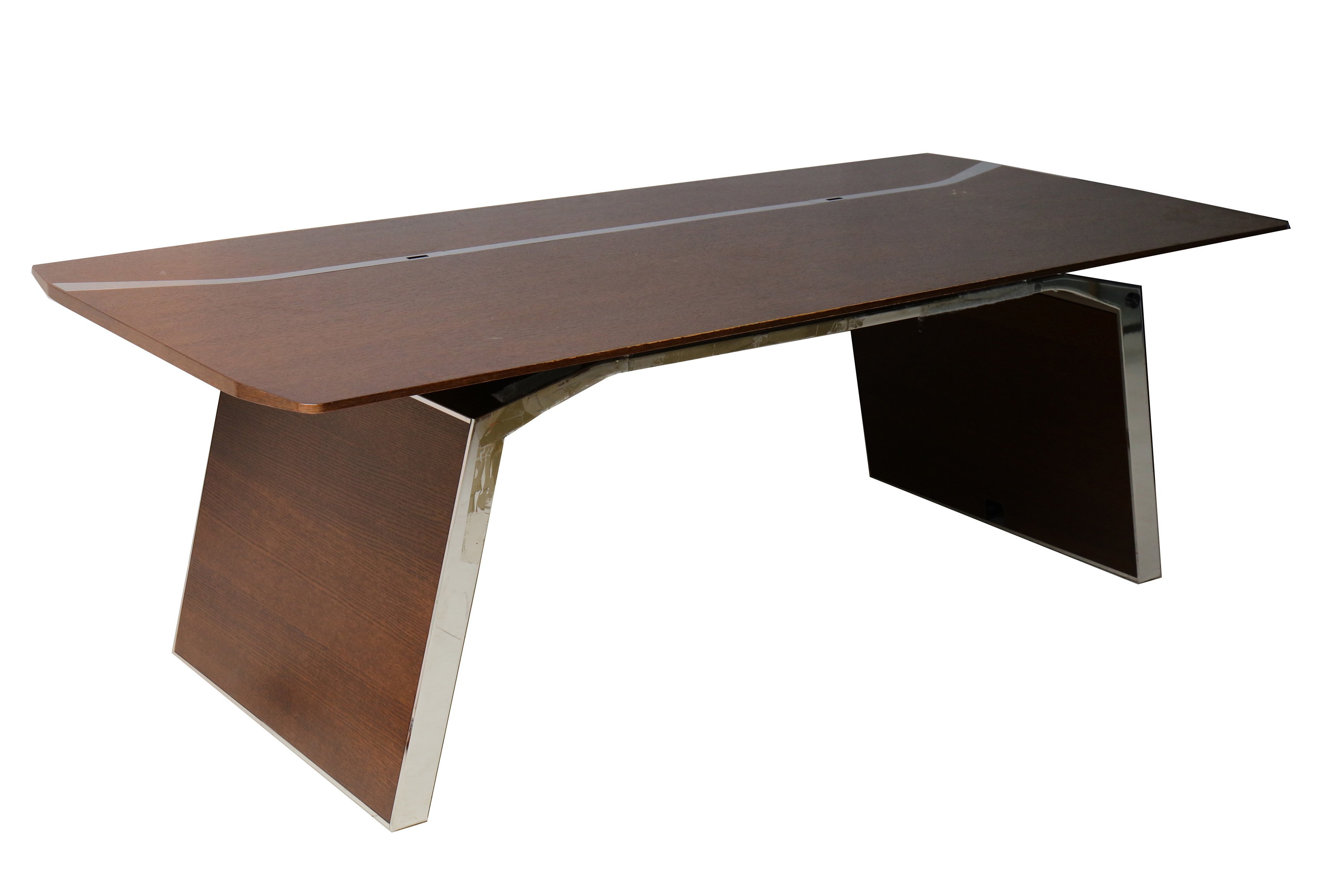 Executive desk, walnut veneer with chrome detailing together with matching console