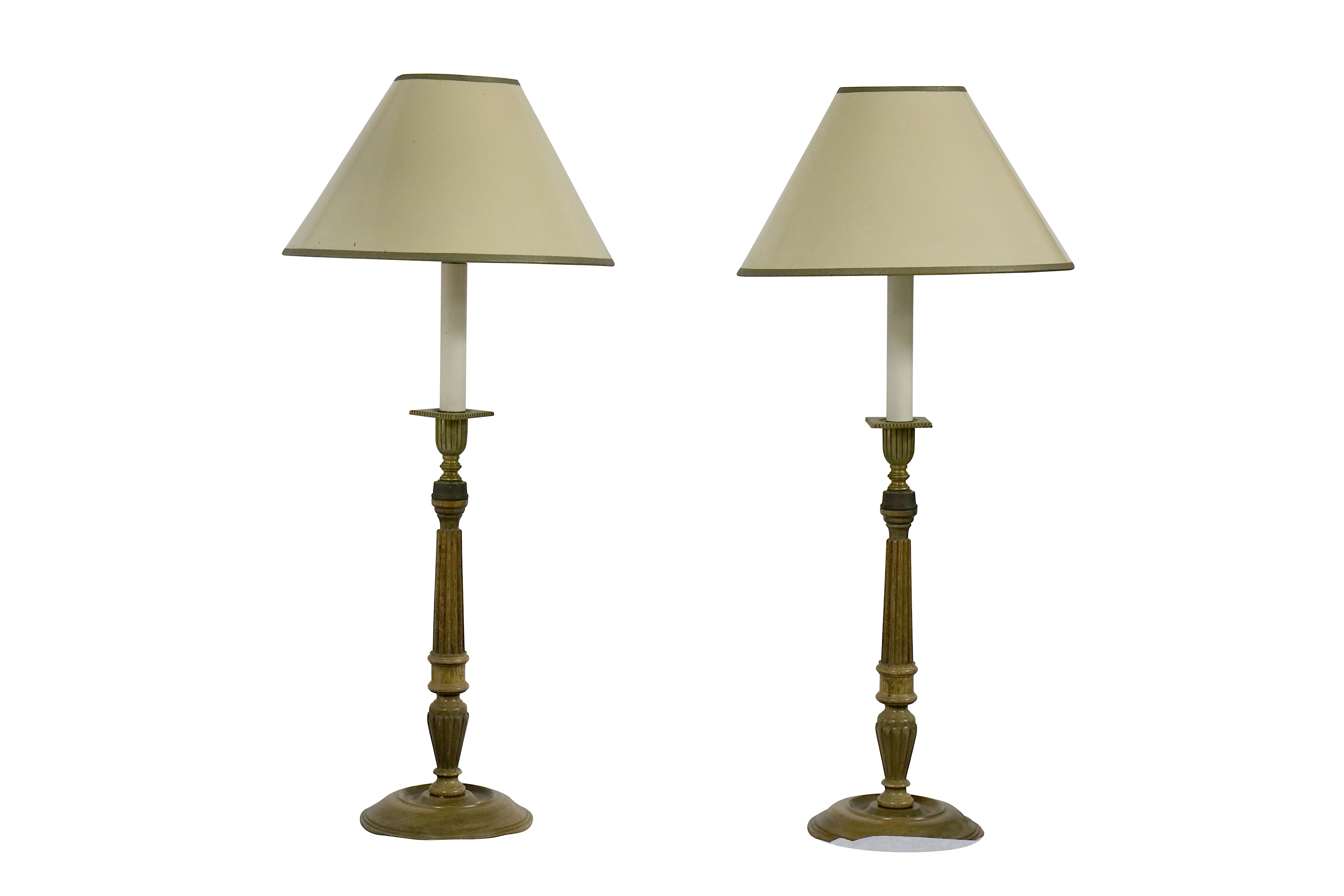 A pair of late 20th Century Danish fruitwood table lamps and shades