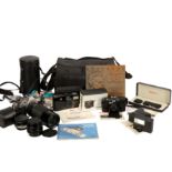 A collection of cameras and equipment