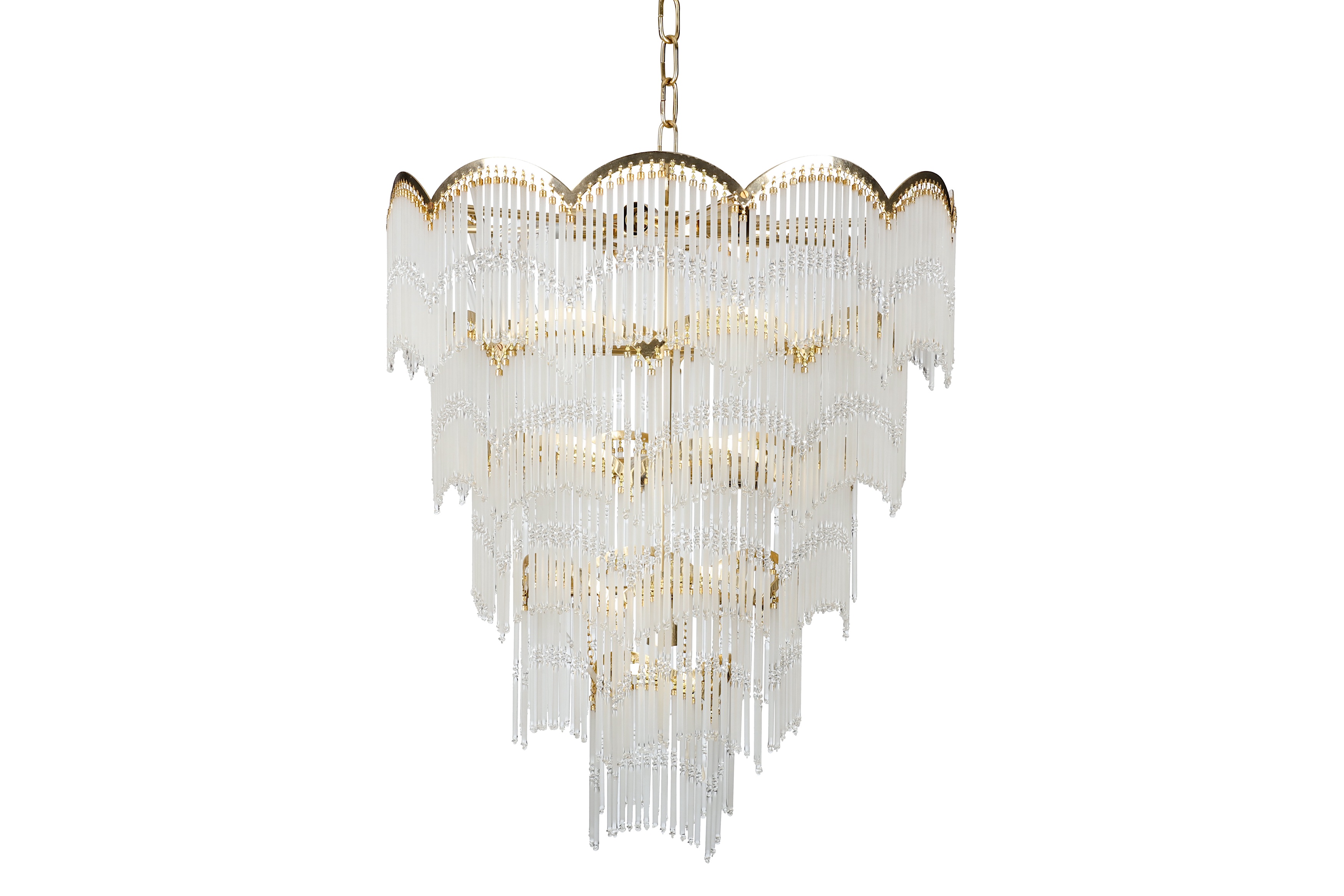 ITALY- A large five - tier Chandelier, 1970s, of tapering form, the gilt-metal arched frame hung