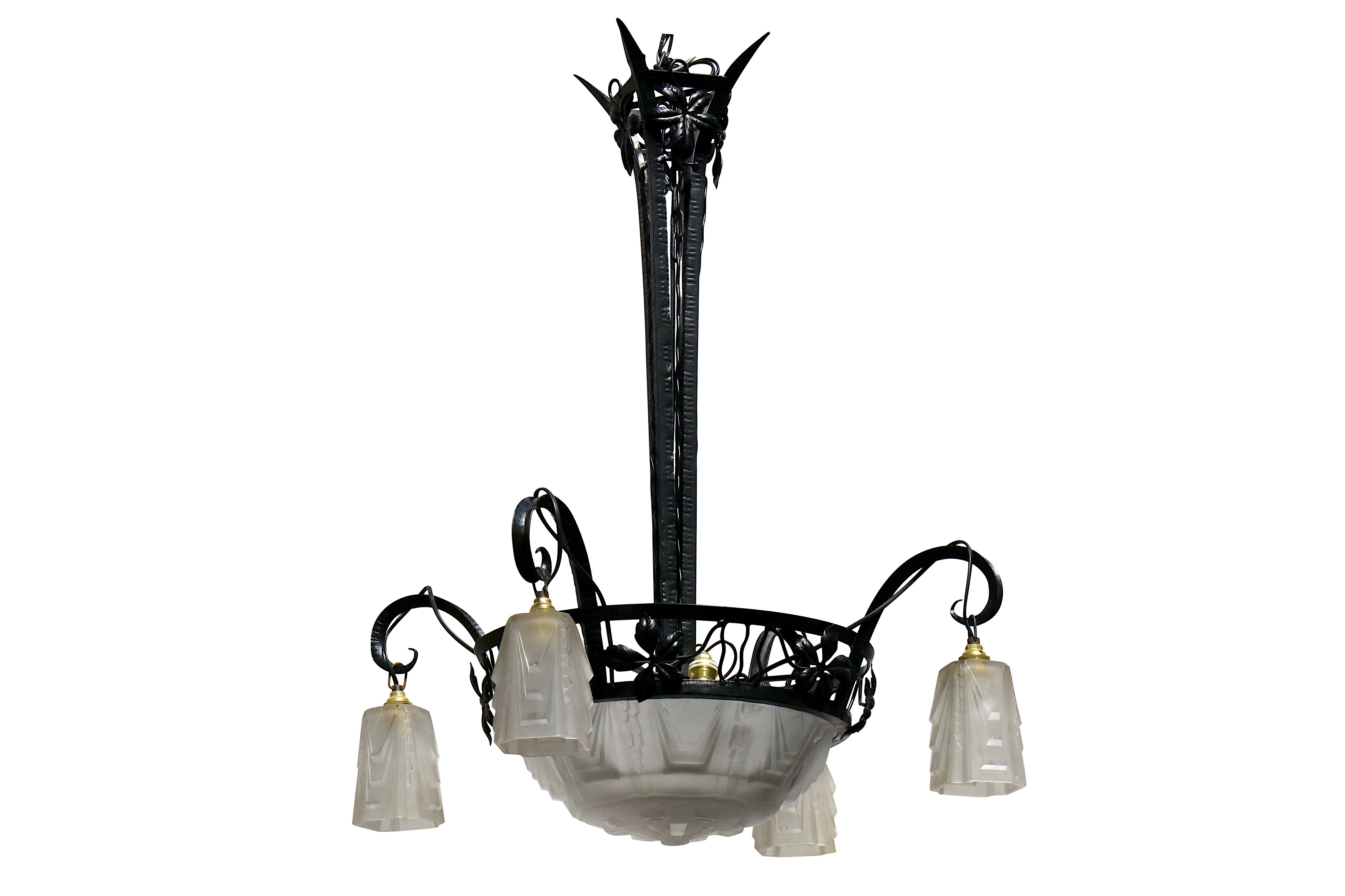 A French Art Deco style Muller Freres frosted glass chandelier,